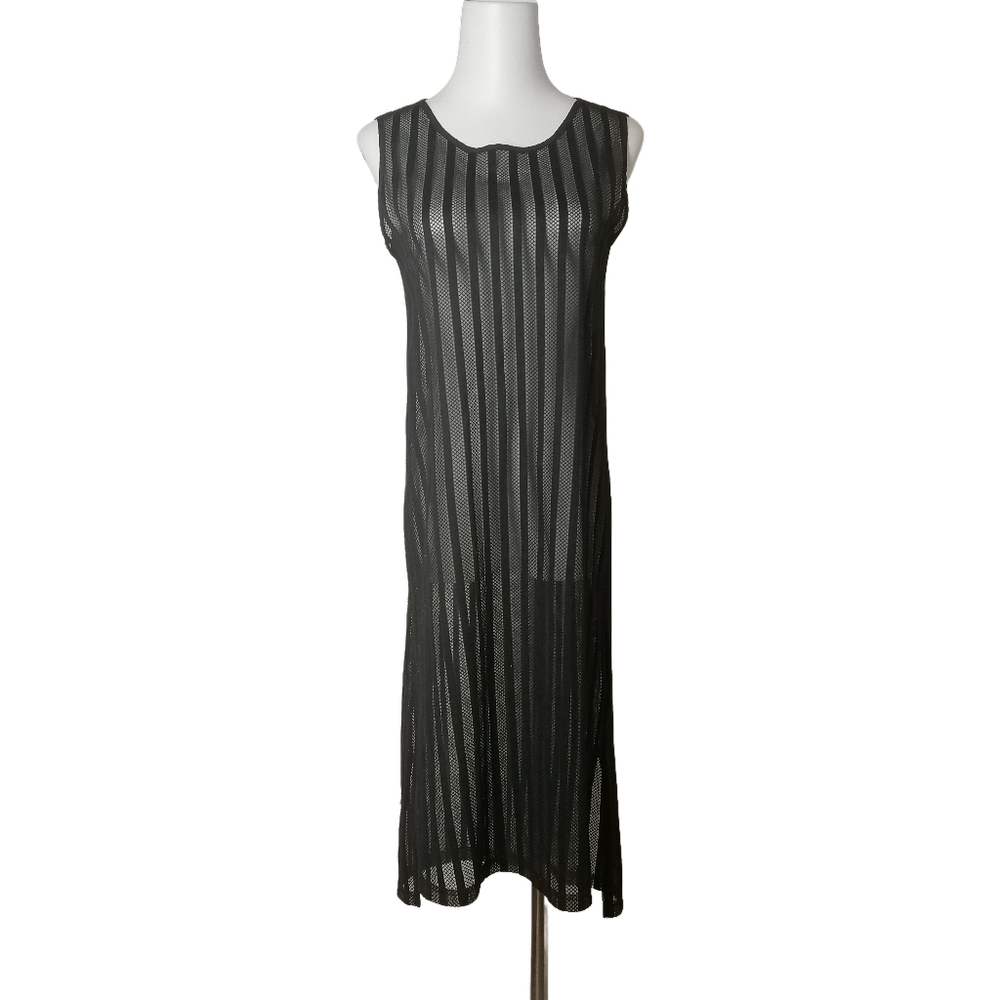 🖤 M, vintage black striped mesh sleeveless sheer dress